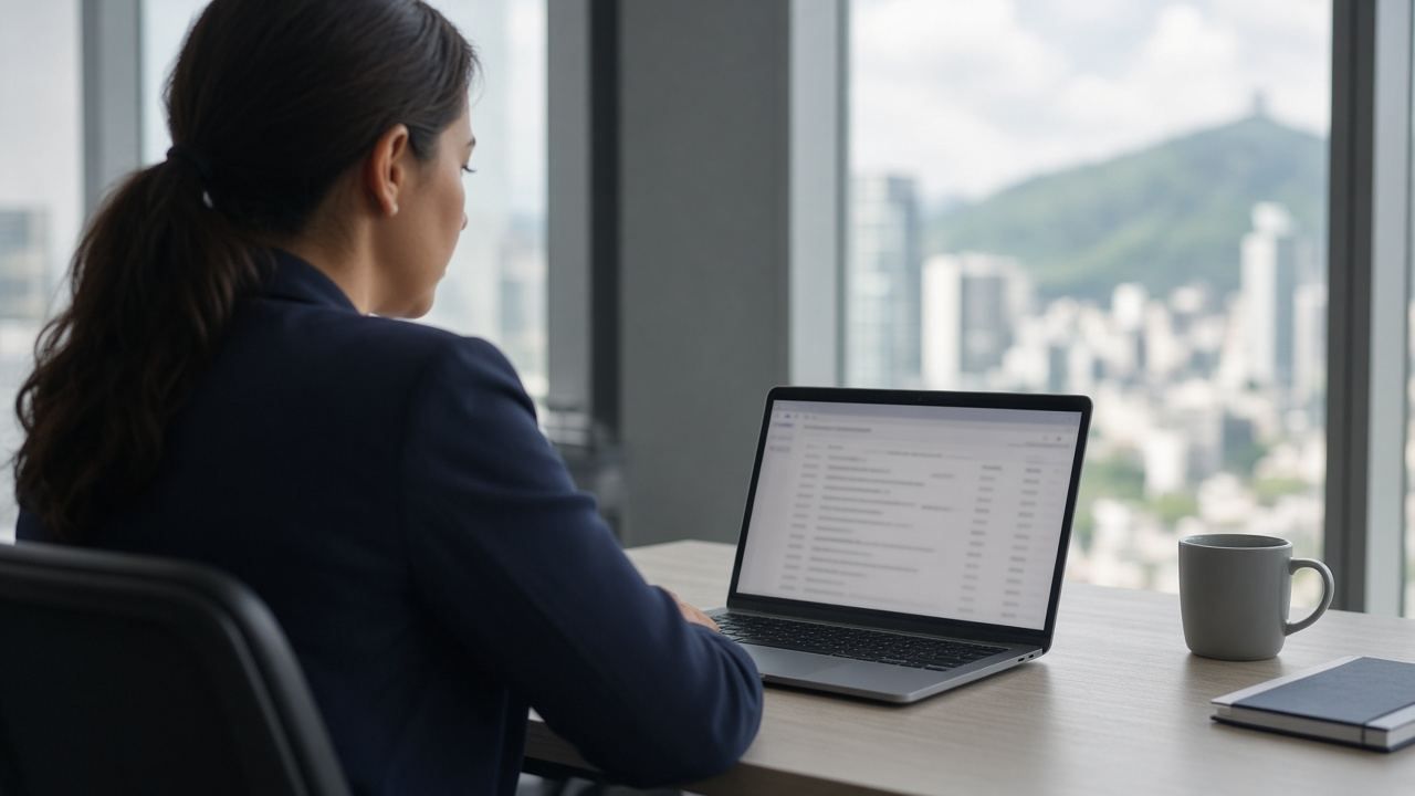 Profesional trabajando con su laptop en una oficina con vista a la ciudad